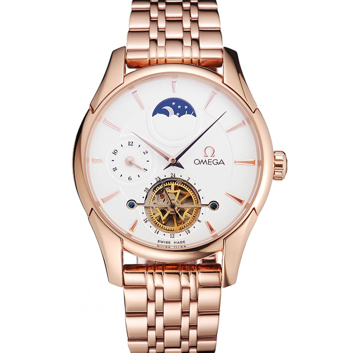 Omega De Ville Moonphase Tourbillon White Dial Rose Gold Case And Bracelet